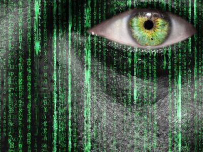 Human eye within matrix of data